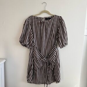 Checked Brown Tie-Front Dress - Unbranded